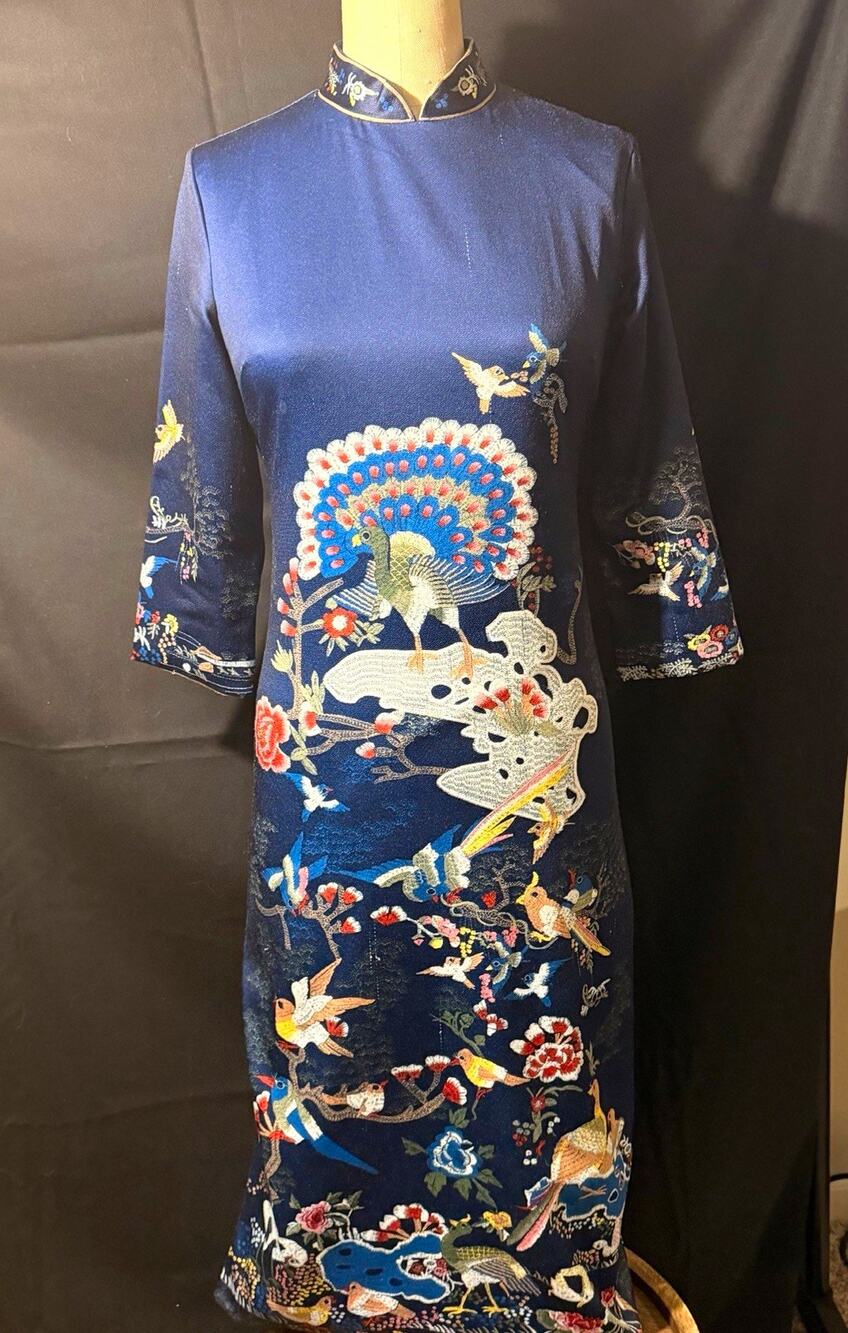 Women's Blue Cheong-sam Style Dress Peacock Embroidery Small 6 Dai Yi Si